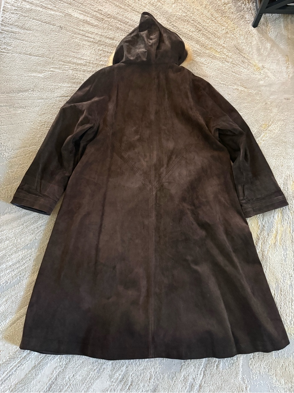 Vintage brown suede leather long line coat jacket with hood fur trim 40 / medium - Picture 3 of 12